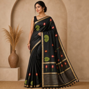 jet black ghicha cotton saree with resham lotus weaving & gold zari border