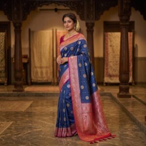 traditional emerald green banaras silk saree with contrast red zari border