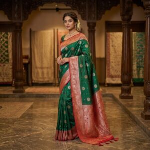 traditional emerald green banaras silk saree with contrast red zari border