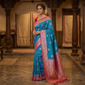 ferozi blue banaras silk saree with contrast pink zari border & rich floral buttas
