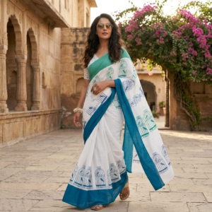 white soft cotton saree with hand block birdcage print & contrast blue border