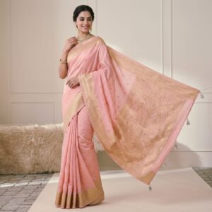 pastel pink banaras silk saree with elegant gold zari border & tasseled pallu