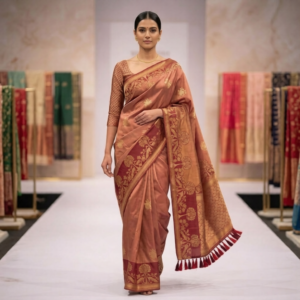 Copper Rust Banaras Silk Saree with Floral Zari Border & Handcrafted Tassels