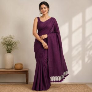 deep wine khadi cotton saree with handcrafted tasseled pallu