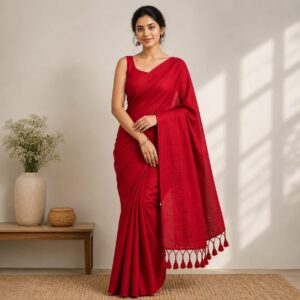 vibrant crimson red khadi cotton saree with handcrafted tasseled pallu