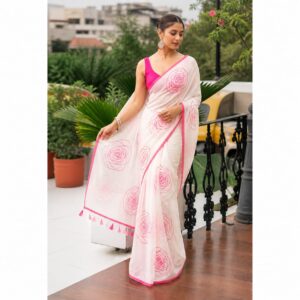 white pure linen saree with pink rose floral print and tasseled pallu
