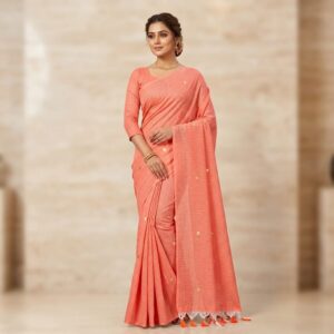 peach khadi cotton saree with golden buttas and dual tone tasseled pallu