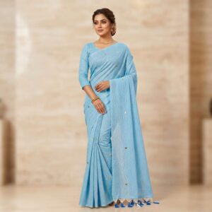 sky blue khadi cotton saree with golden zari buttas and handcrafted tasseled pallu