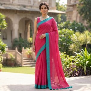bright fuchsia pink mul mul cotton saree with contrast teal border & tasseled pallu