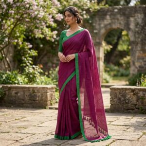 rich magenta mul mul cotton saree with contrast emerald green border & tasseled pallu