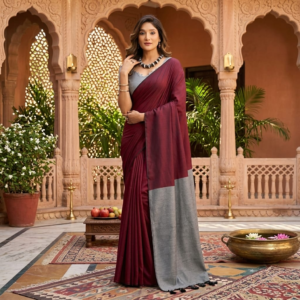 wine burgundy soft cotton saree with contrast steel grey pallu and handcrafted tassels