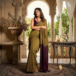 olive green soft cotton saree with contrast burgundy pallu and handcrafted tassels