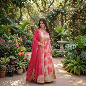 blush pink and cream floral anarkali gown set with embroidered scalloped dupatta