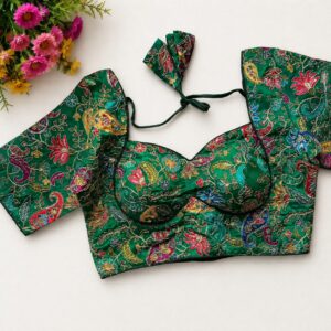 green chinon silk readymade blouse with multi color kalamkari print and zari highlights