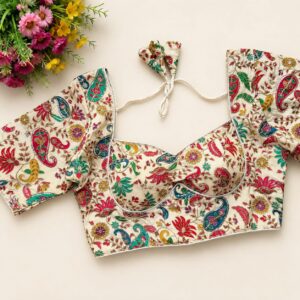white chinon silk readymade blouse with multi color kalamkari print and zari highlights