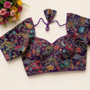 purple chinon silk readymade blouse with multi color kalamkari print and zari highlights