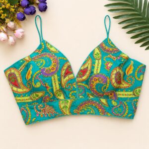 turquoise teal crepe silk readymade blouse with multi color kalamkari print and zari highlights