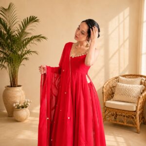 red georgette anarkali set with side slit, wide leg pants & mirror work