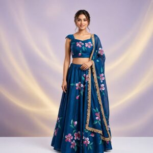 hand painted floral silk blend lehenga choli with gold zari border dupatta