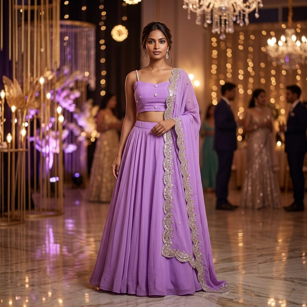 lavender georgette lehenga choli set with scalloped cutwork dupatta & bead straps lavender georgette lehenga choli set with scalloped cutwork dupatta & bead straps