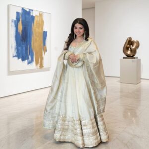elegant ivory silk anarkali gown with heavy gold zari border & matching dupatta