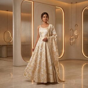 royal ivory & gold banarasi silk anarkali suit set with woven jacquard dupatta