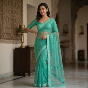 seafoam green net saree seafoam green net saree with mirror work border & embroidered circle motifs