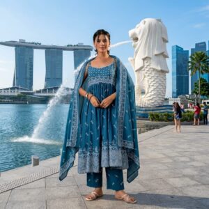 indigo blue embroidered anarkali kurta set with dupatta and straight cut pants
