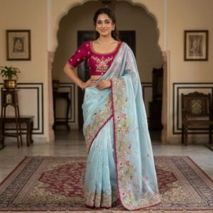 sky blue organza saree with floral scalloped border & contrast magenta silk blouse