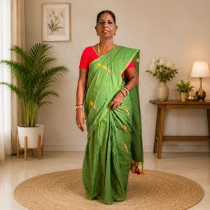 pure khadi cotton light green vel motif saree with contrast pallu tassels