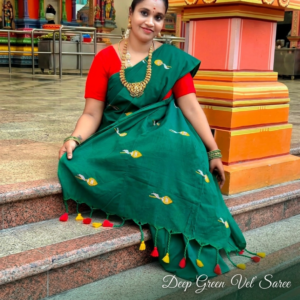 pure khadi cotton deep green vel motif saree with contrast pallu tassels