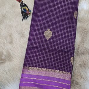 premium mysore crepe silk saree with gold zari checks & contrast border